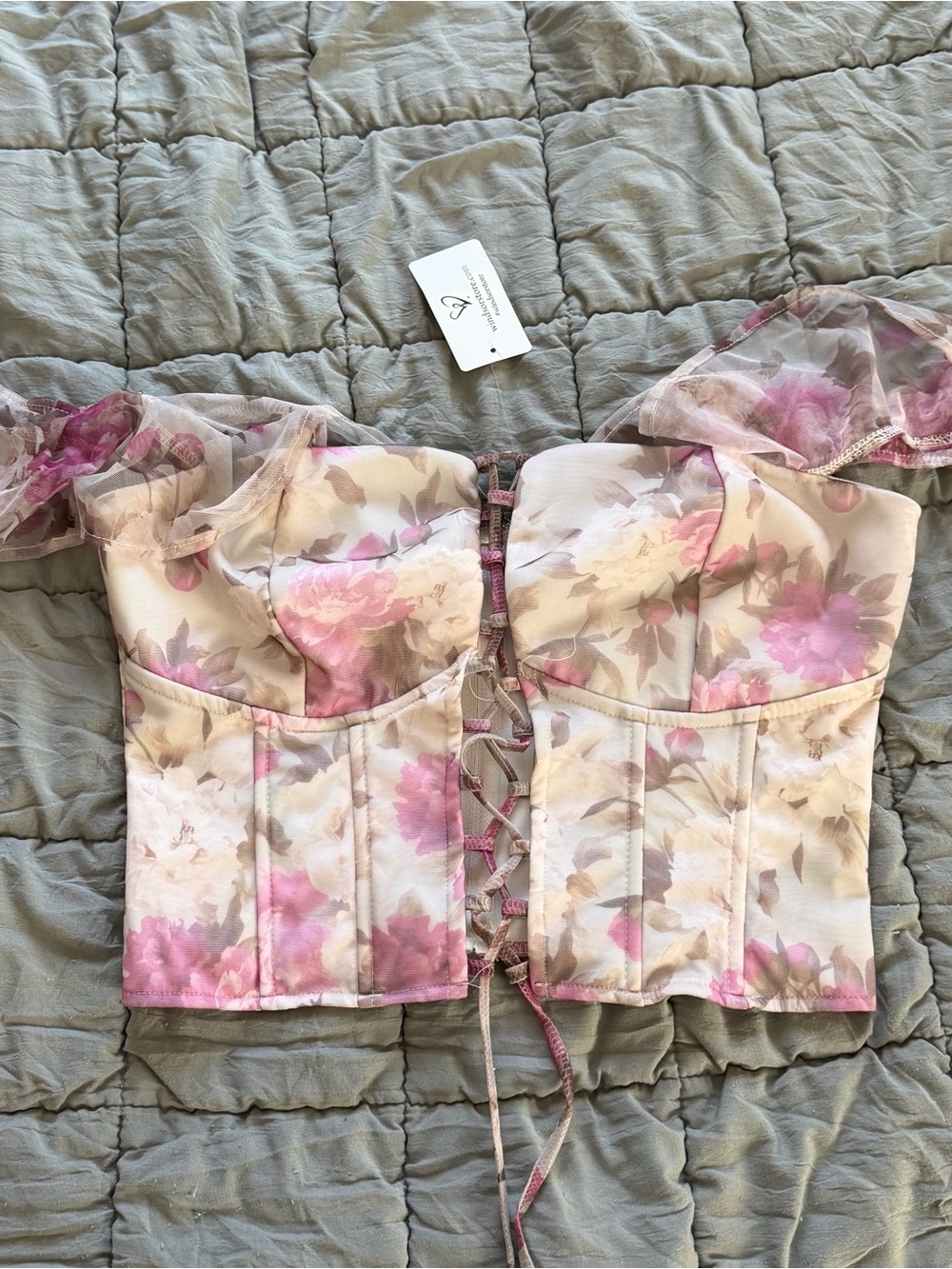 Windsor Pink & Cream Floral Lace-Up Bustier Crop Top